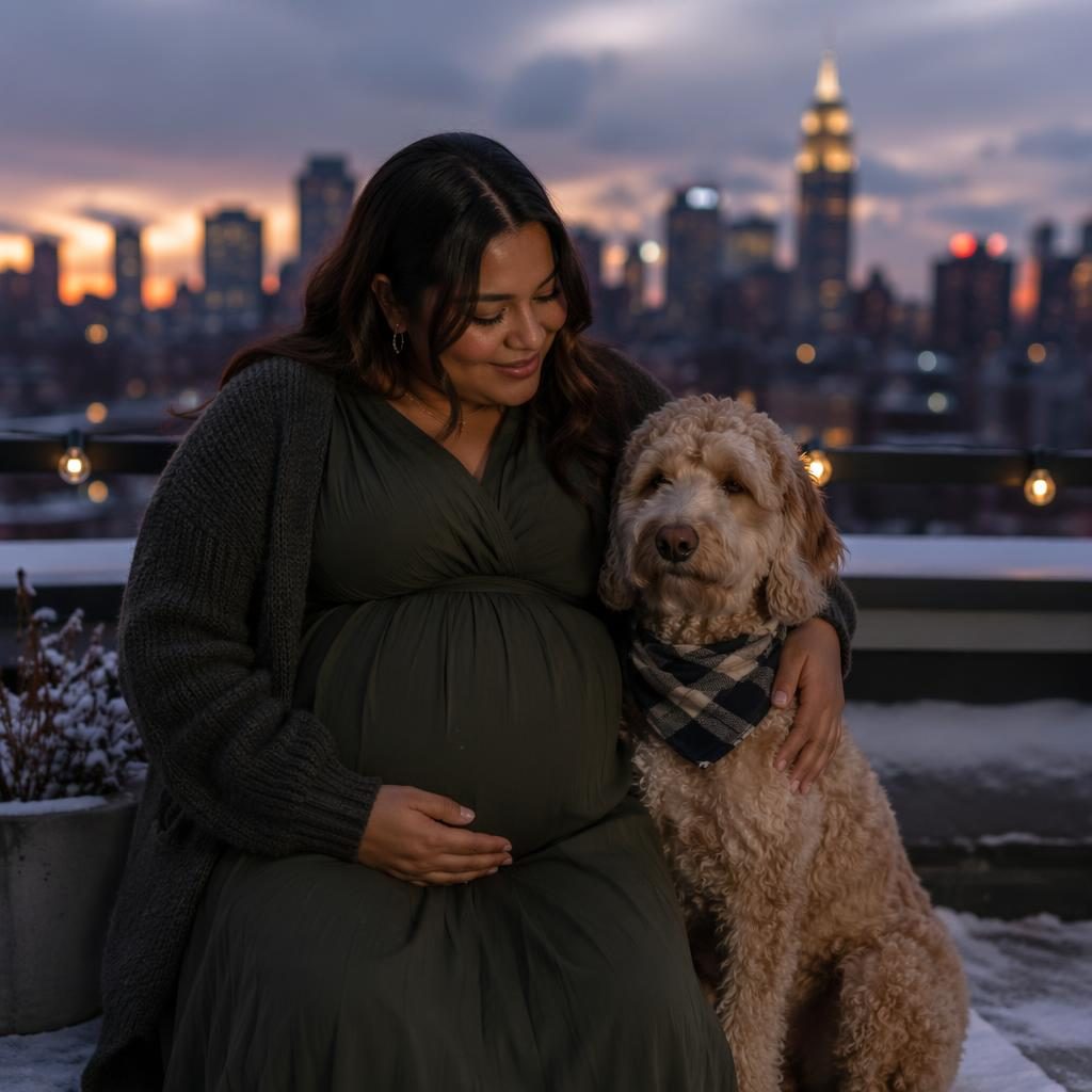 Madre embarazada con su mascota en una azotea nevada al atardecer, con skyline urbano y estilo editorial dramático.