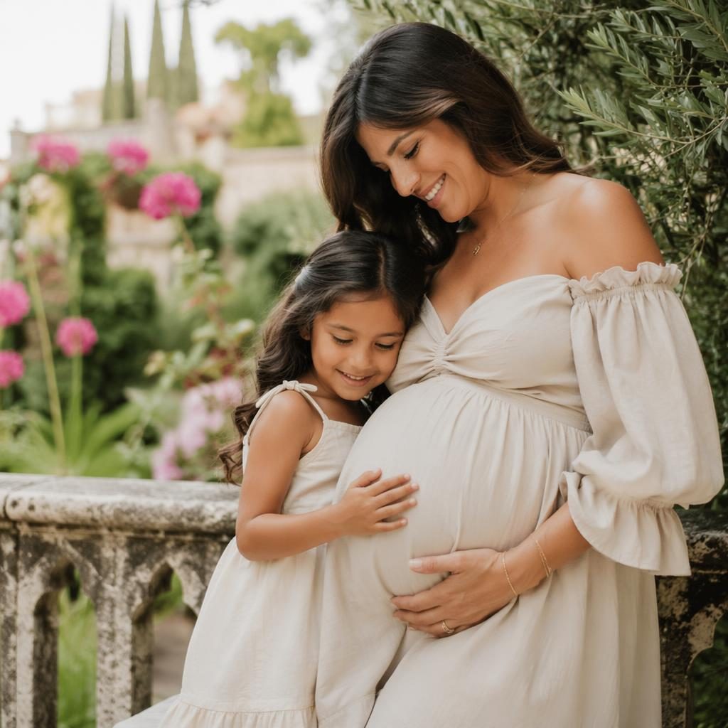 Pregnant mother with older child in a cozy bohemian bedroom, sage and ivory tones, soft editorial lighting