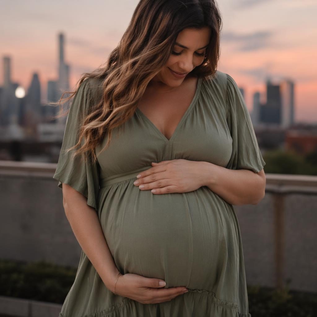 Close-up maternity belly portrait in a flowy sage and ivory dress with a soft rooftop skyline at dusk