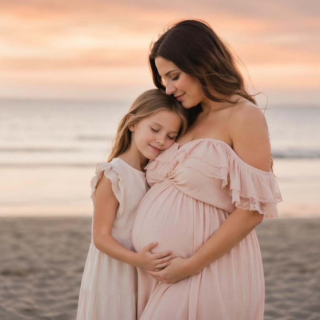 Mother and older child on a beach at sunset in a soft editorial maternity portrait with warm cream and rose tones.