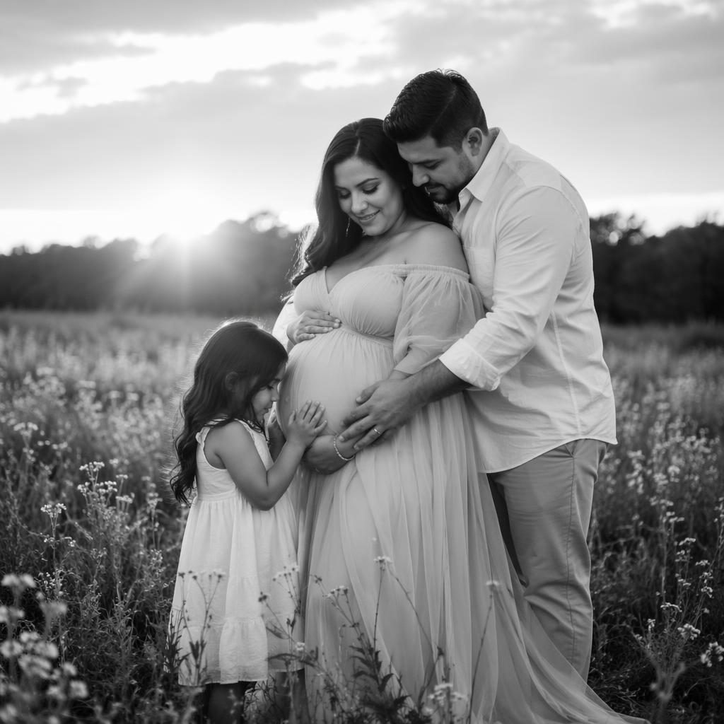 Familia completa en una pradera de flores silvestres, retrato maternal editorial en blanco y negro con luz suave.