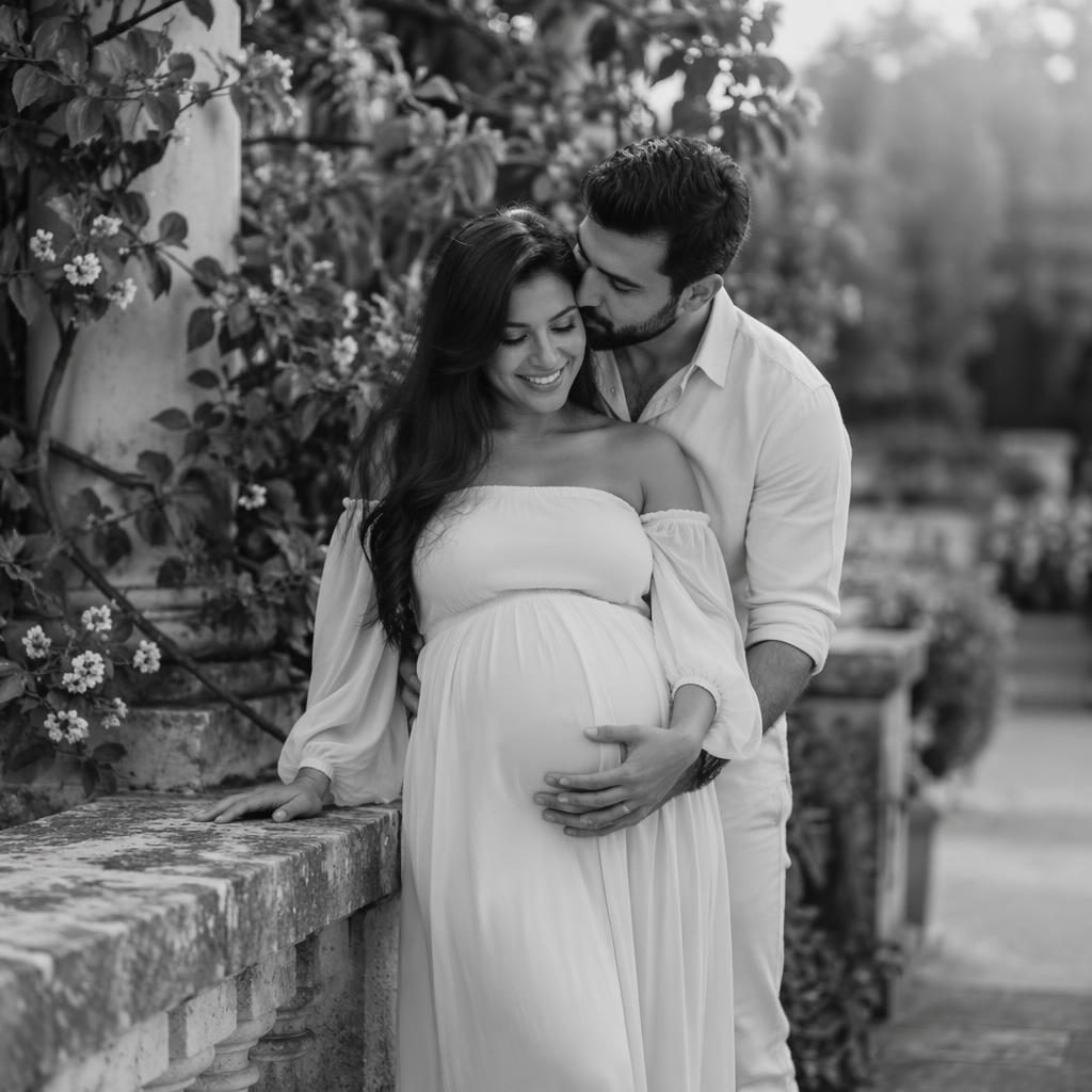 Black and white editorial maternity portrait of a mother with her partner in a Mediterranean garden at golden hour