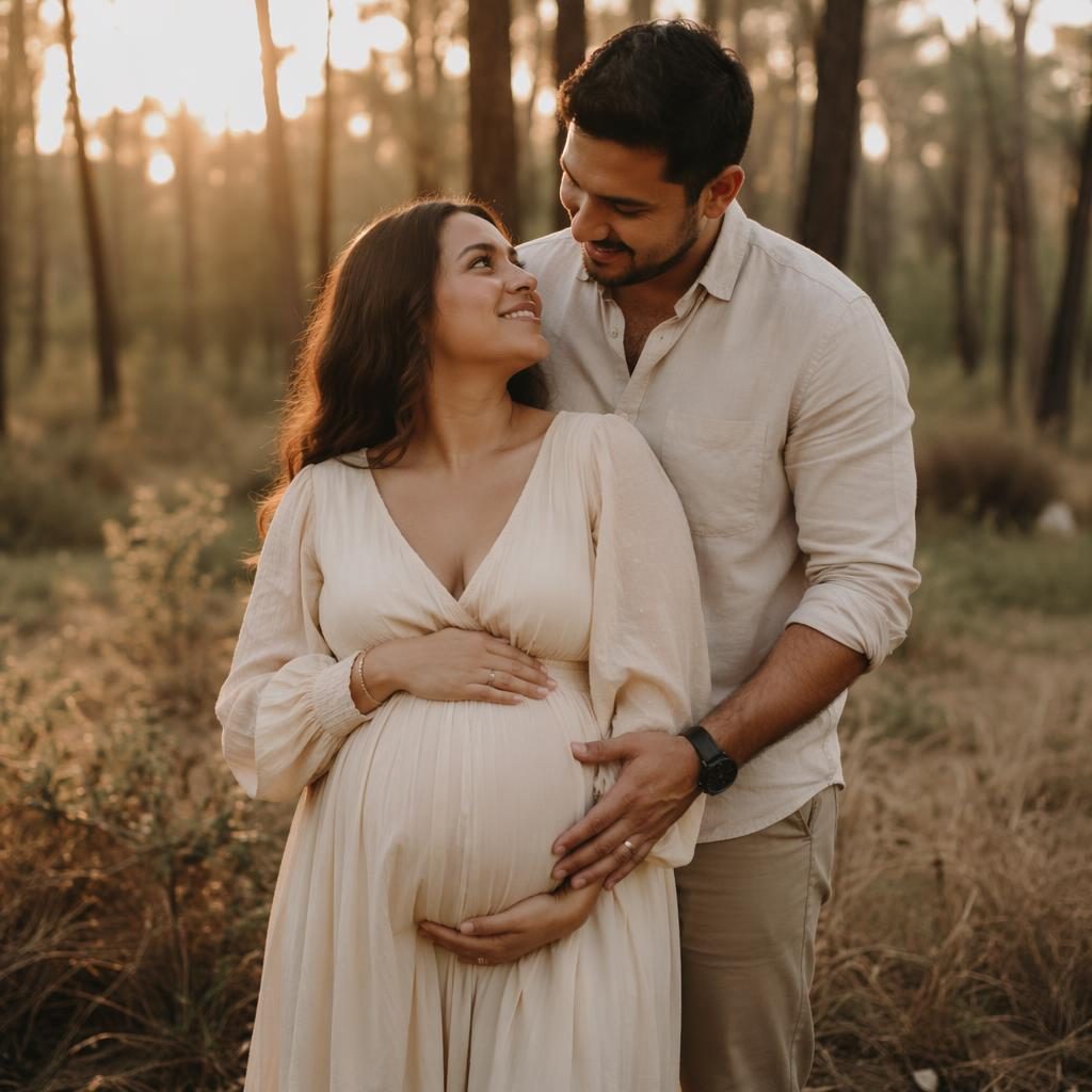 Pregnant mother and partner standing together in a forest at golden hour, styled in soft editorial maternity photography.