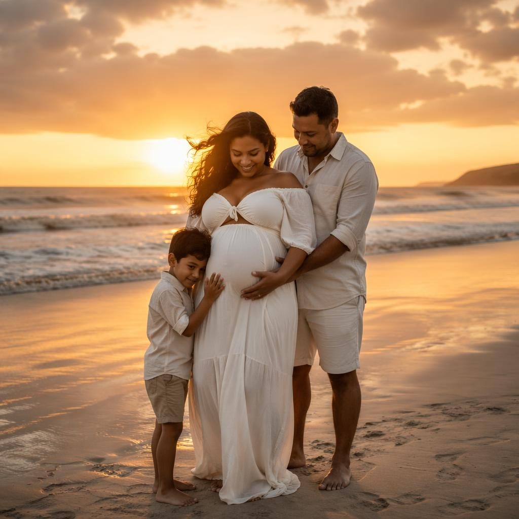 Familia completa en la playa al atardecer, con mujer embarazada posando en luz dorada y estilo editorial íntimo