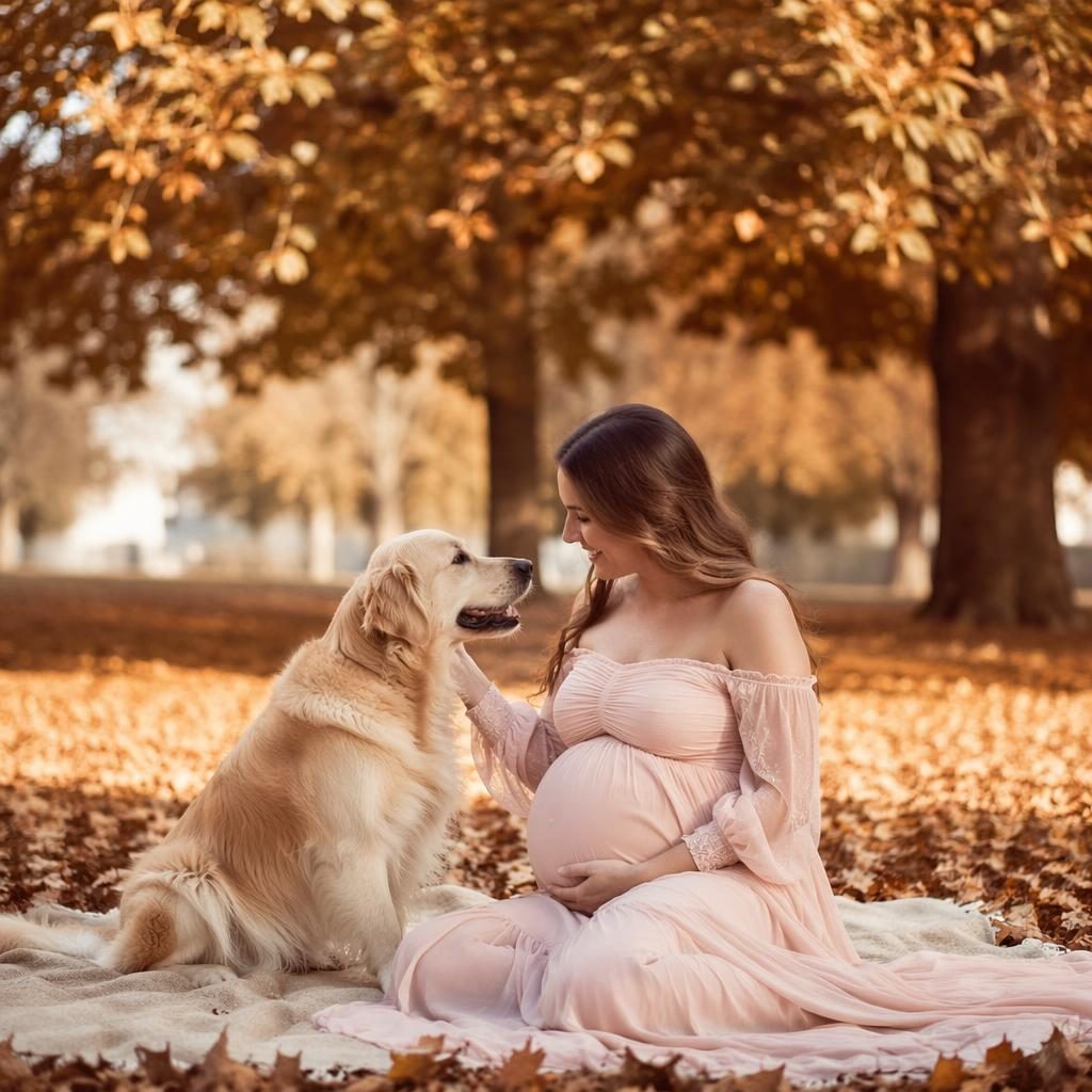 Future maman avec son animal de compagnie dans un parc aux feuilles d’automne, lumière douce, tons crème et rose.
