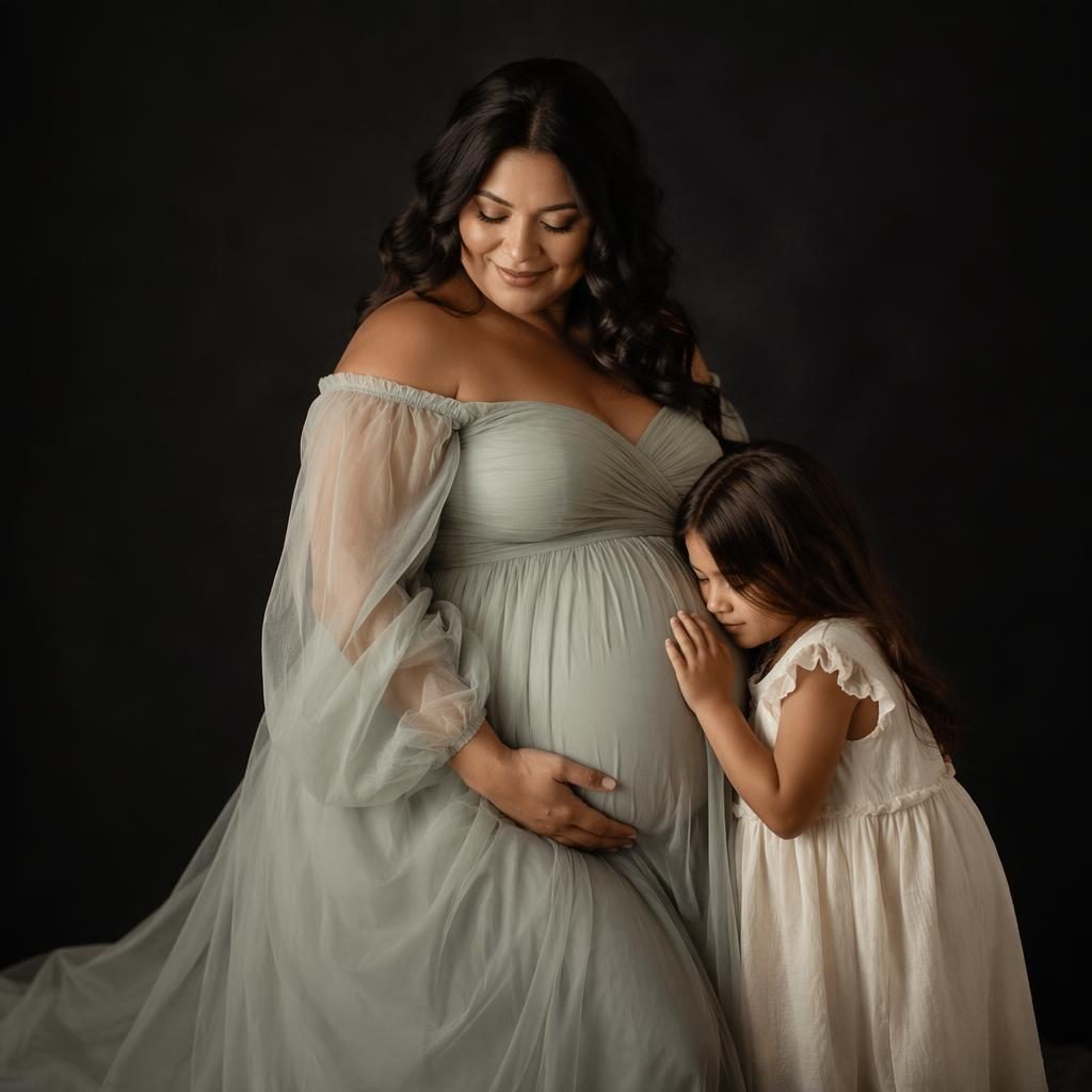 Editorial maternity portrait of a mother with an older child against a studio black backdrop, styled in sage and ivory.