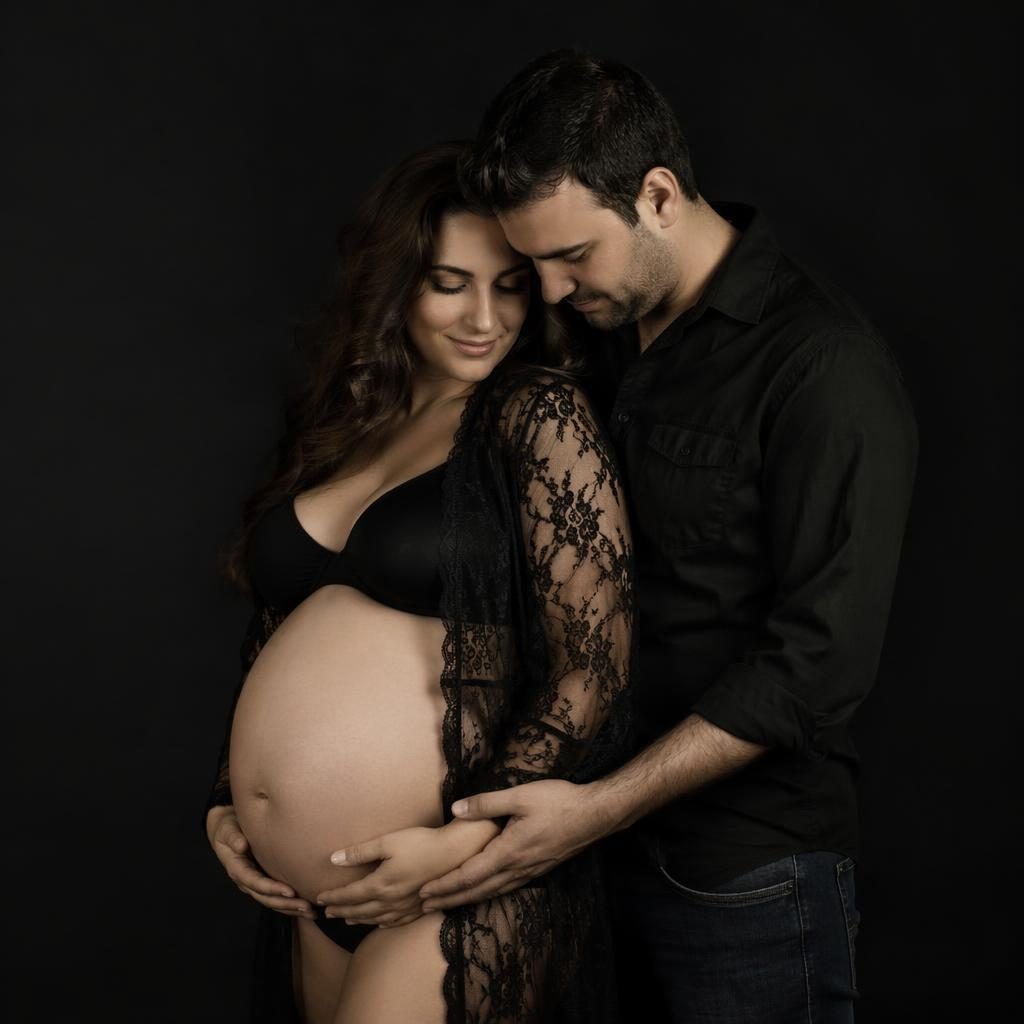 Madre embarazada con su pareja frente a fondo negro de estudio, hojas otoñales y luz editorial dramática.