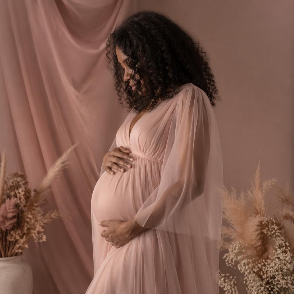 Mother solo maternity silhouette in a studio with soft light, warm cream and rose tones, editorial-style portrait