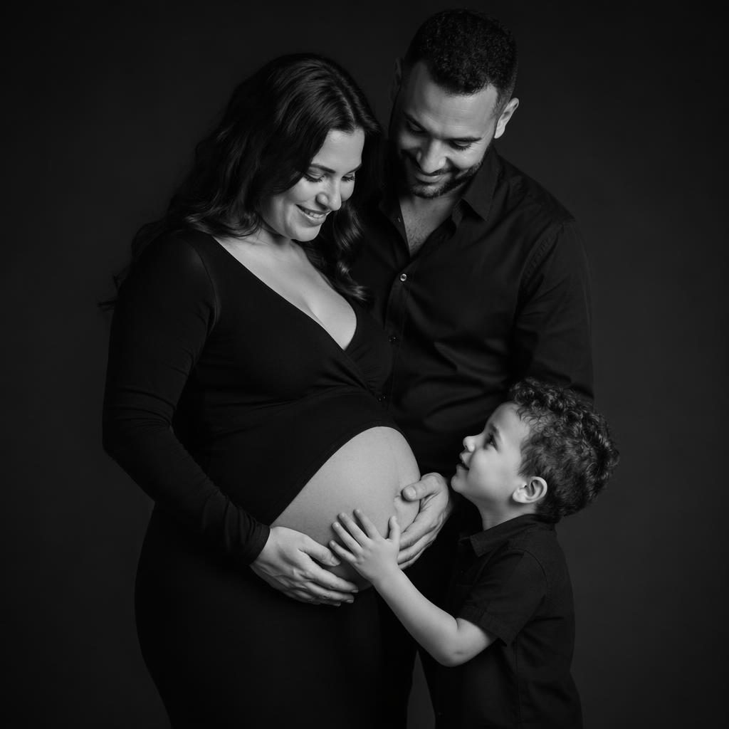 Portrait de famille complet pour une séance maternité, style éditorial glamour en noir et blanc sur fond noir studio.