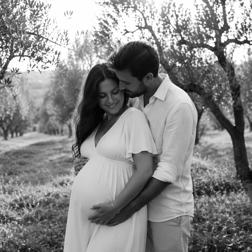 Couple attendant un bébé dans une oliveraie style Toscane, parmi des feuilles d’automne, en noir et blanc éditorial.