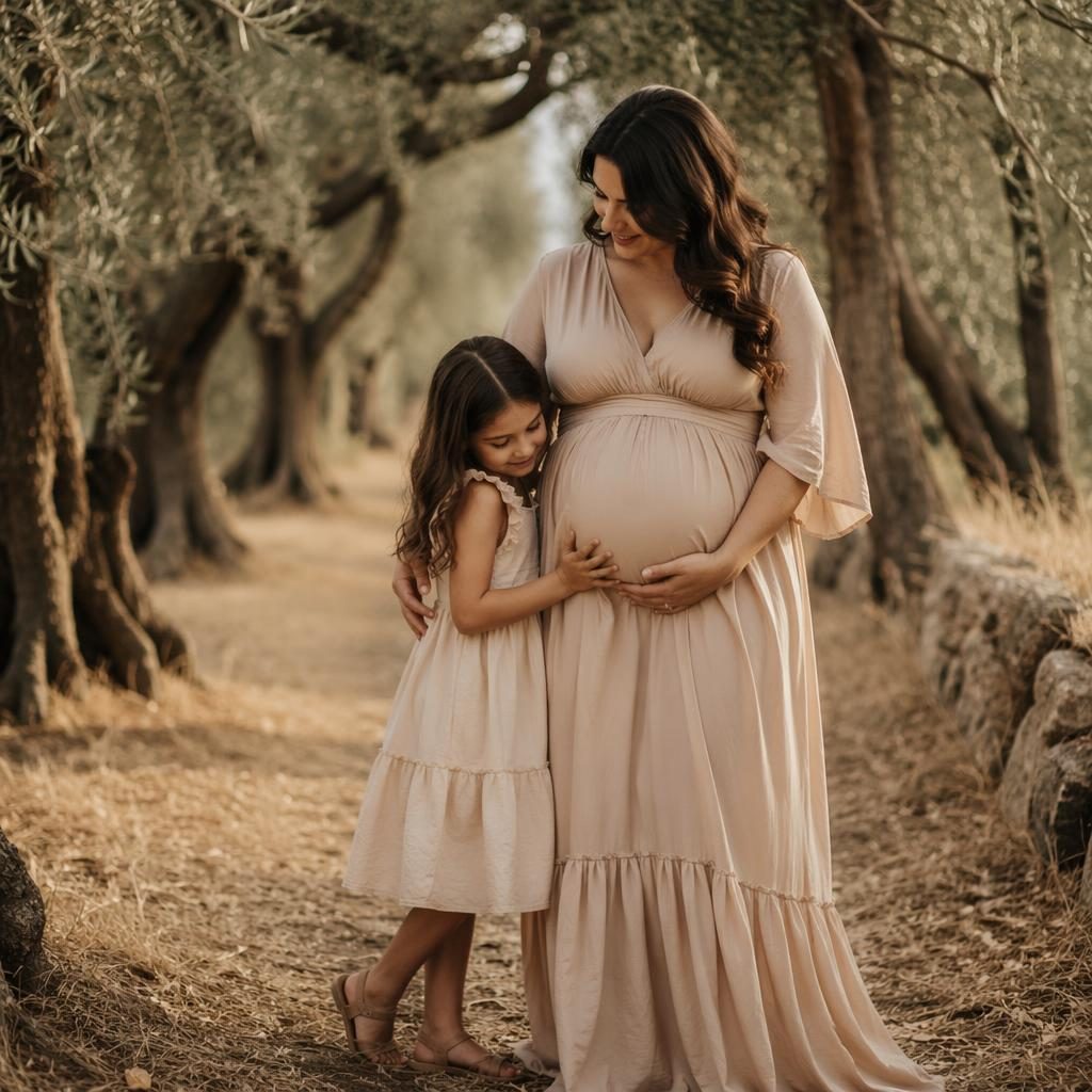 Pregnant mother with older child standing in a Tuscany-style olive grove forest, soft editorial light and earthy tones