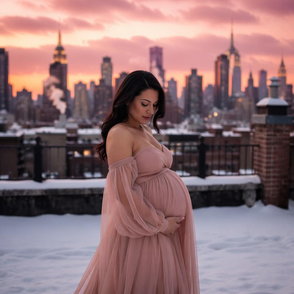 Silhouette of a pregnant mother on a snowy rooftop at dusk with a city skyline, in warm cream and rose tones.