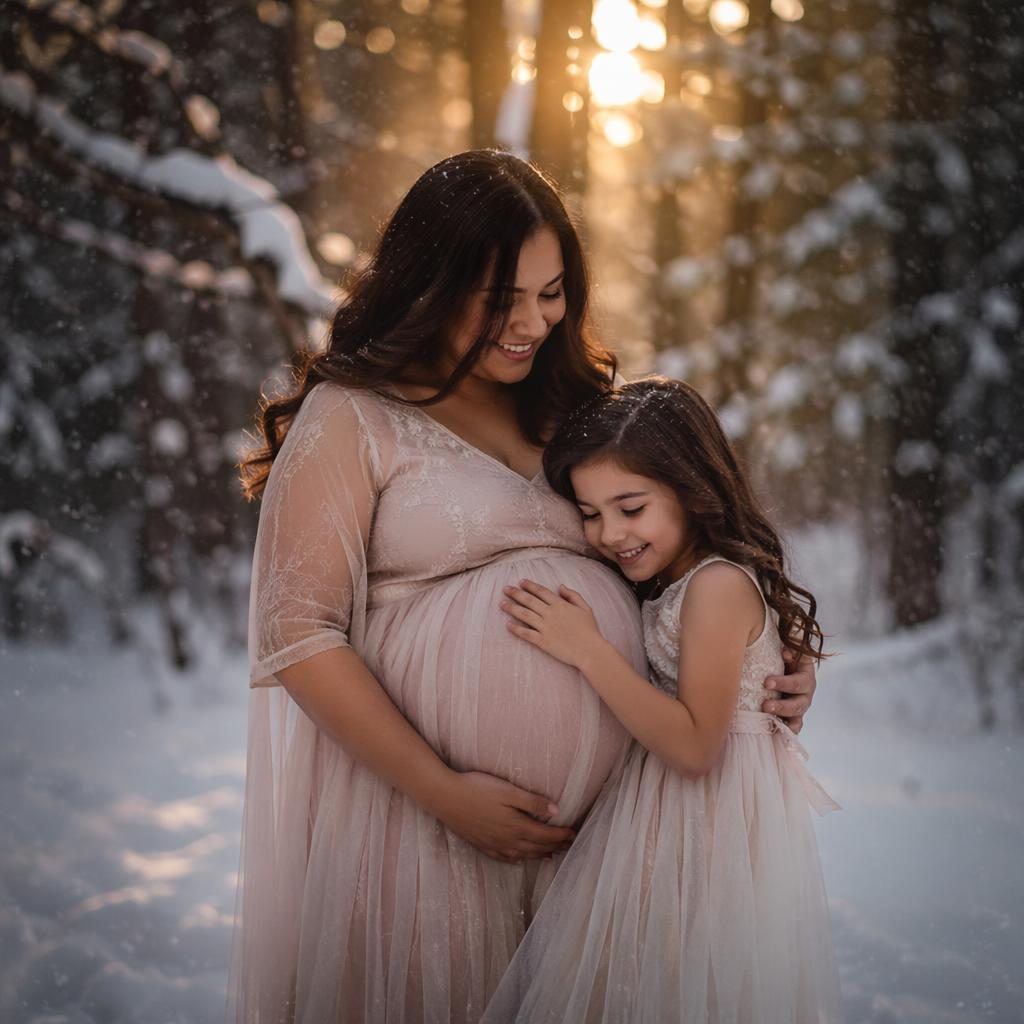 Mother and older child in a snowy pastel forest at golden hour, styled as a dark moody editorial maternity portrait.