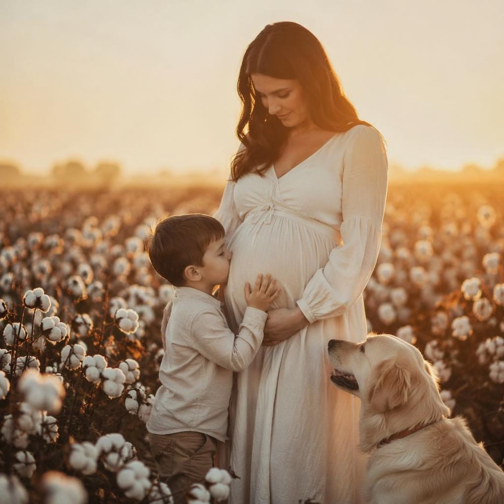 Femme enceinte avec un animal de compagnie dans un champ de coton au lever du soleil, lumière douce et ambiance éditoriale