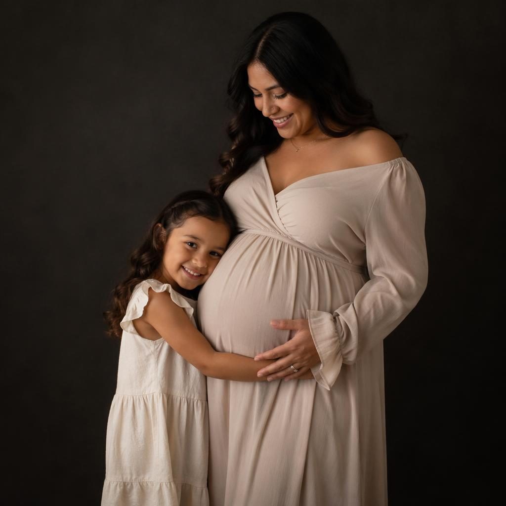 Mother and older child posed together in a soft editorial maternity portrait against a black studio backdrop.