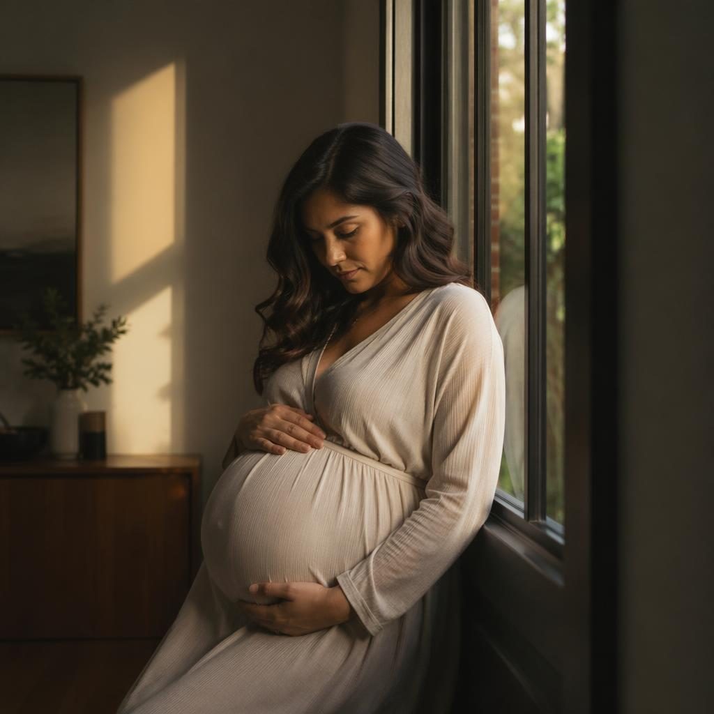 Silhouette of a pregnant mother alone in a modern home, lit by soft window light with a dark moody golden hour tone.