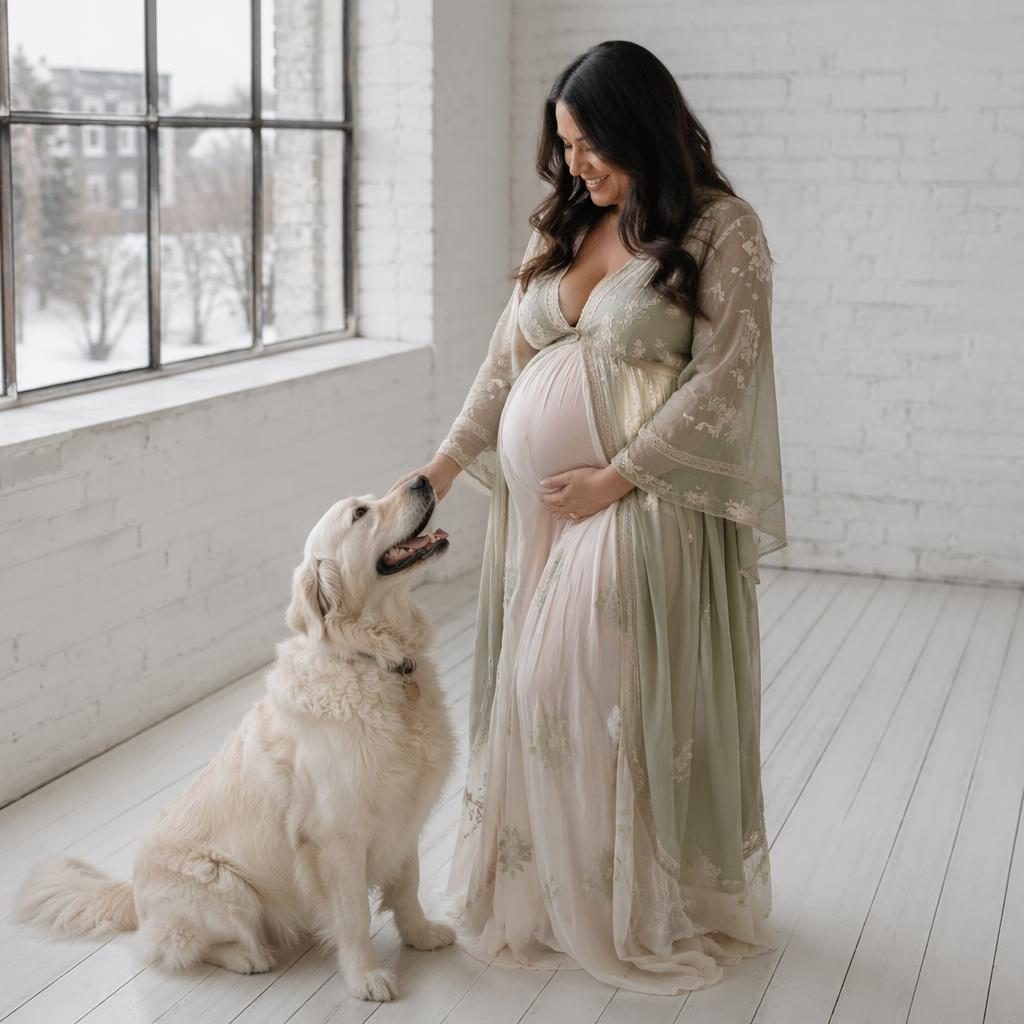 Femme enceinte avec son animal de compagnie dans un loft blanc minimaliste, ambiance neigeuse, tons sauge et ivoire.