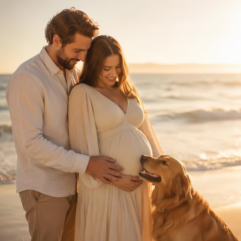 Couple avec bébé sur une plage à l’heure dorée, lumière douce, style éditorial minimal aux tons terreux