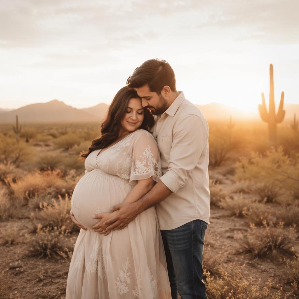 Pregnant mother and partner standing in a desert field at sunset, softly lit in a minimal editorial maternity portrait.