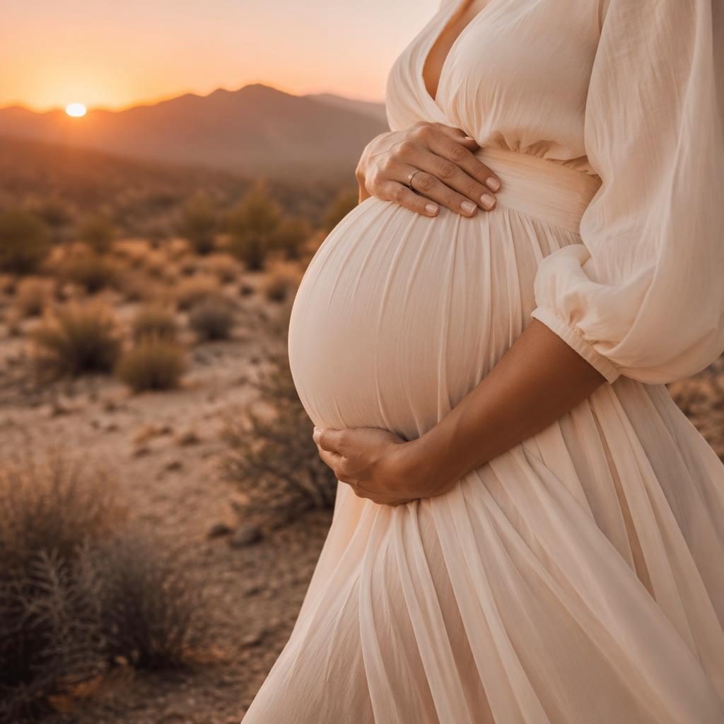 Nahaufnahme eines Babybauchs bei warmem Wüstensonnenuntergang mit herbstlichen Blättern in Creme- und Rosétönen