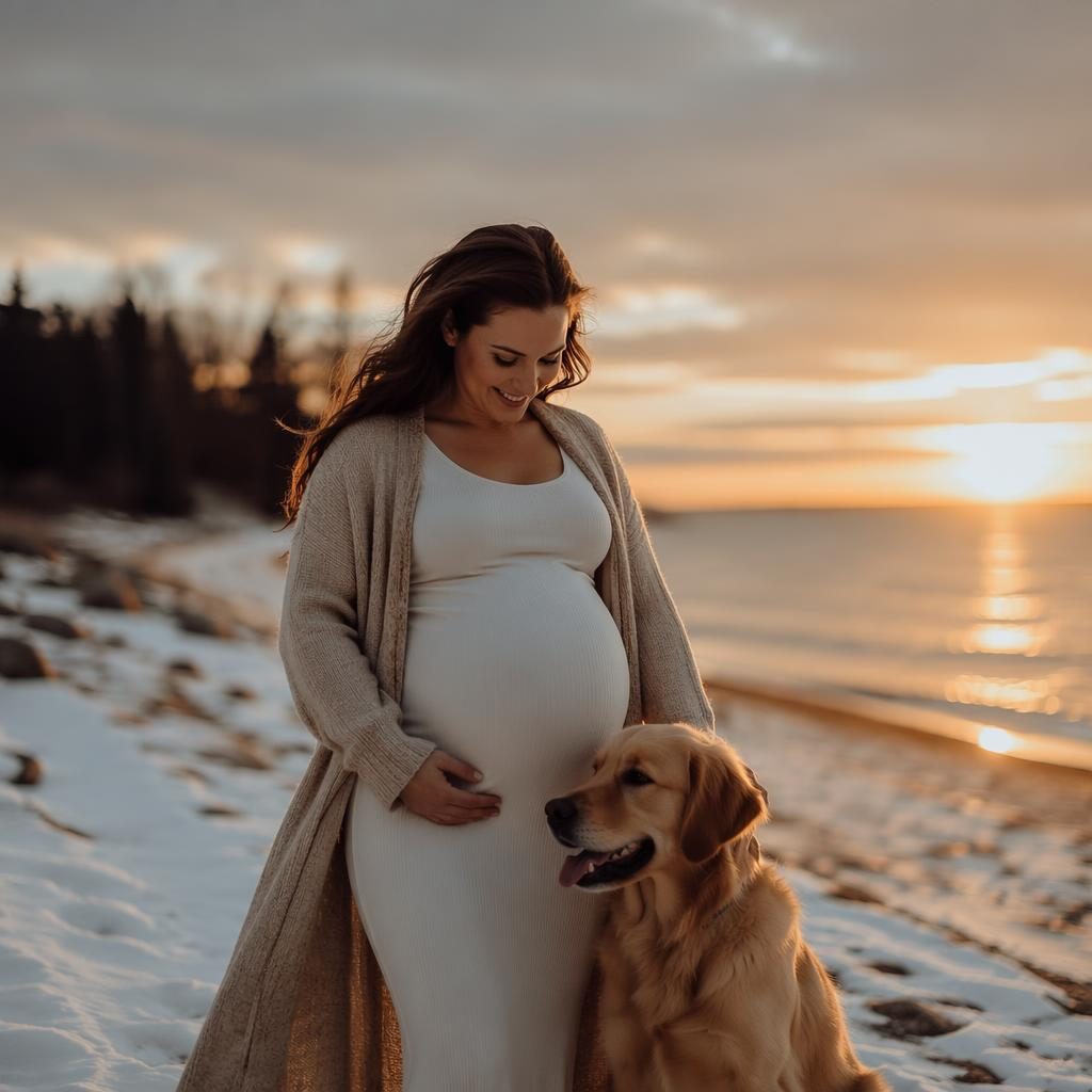 Pregnant mother with a pet in a moody golden hour portrait, styled as an editorial maternity photoshoot.