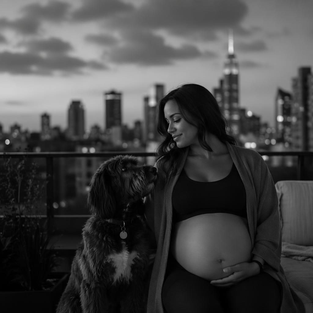 Black-and-white maternity portrait of a mother with her pet on a rooftop at dusk, city skyline behind in a modern home setting.
