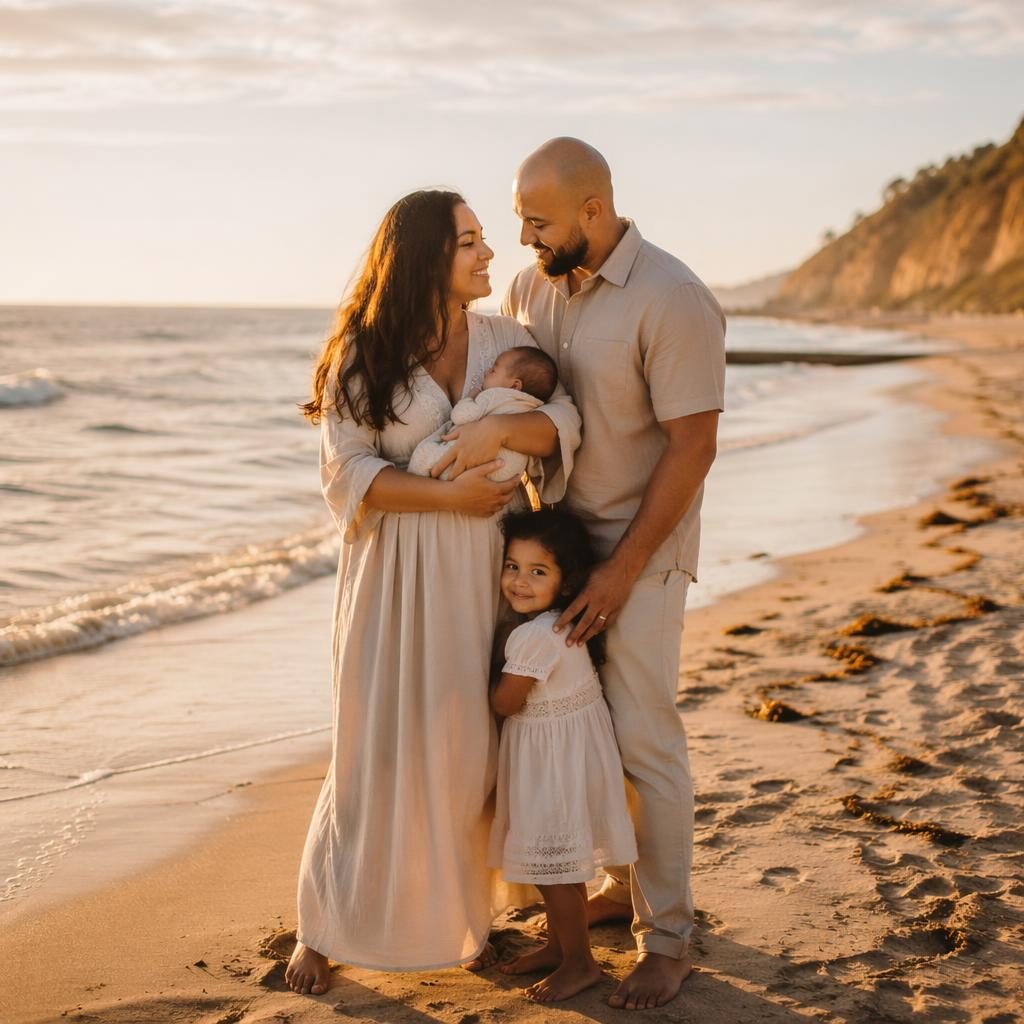 Full family maternity portrait at beach golden hour, sage and ivory bohemian styling, soft editorial lighting