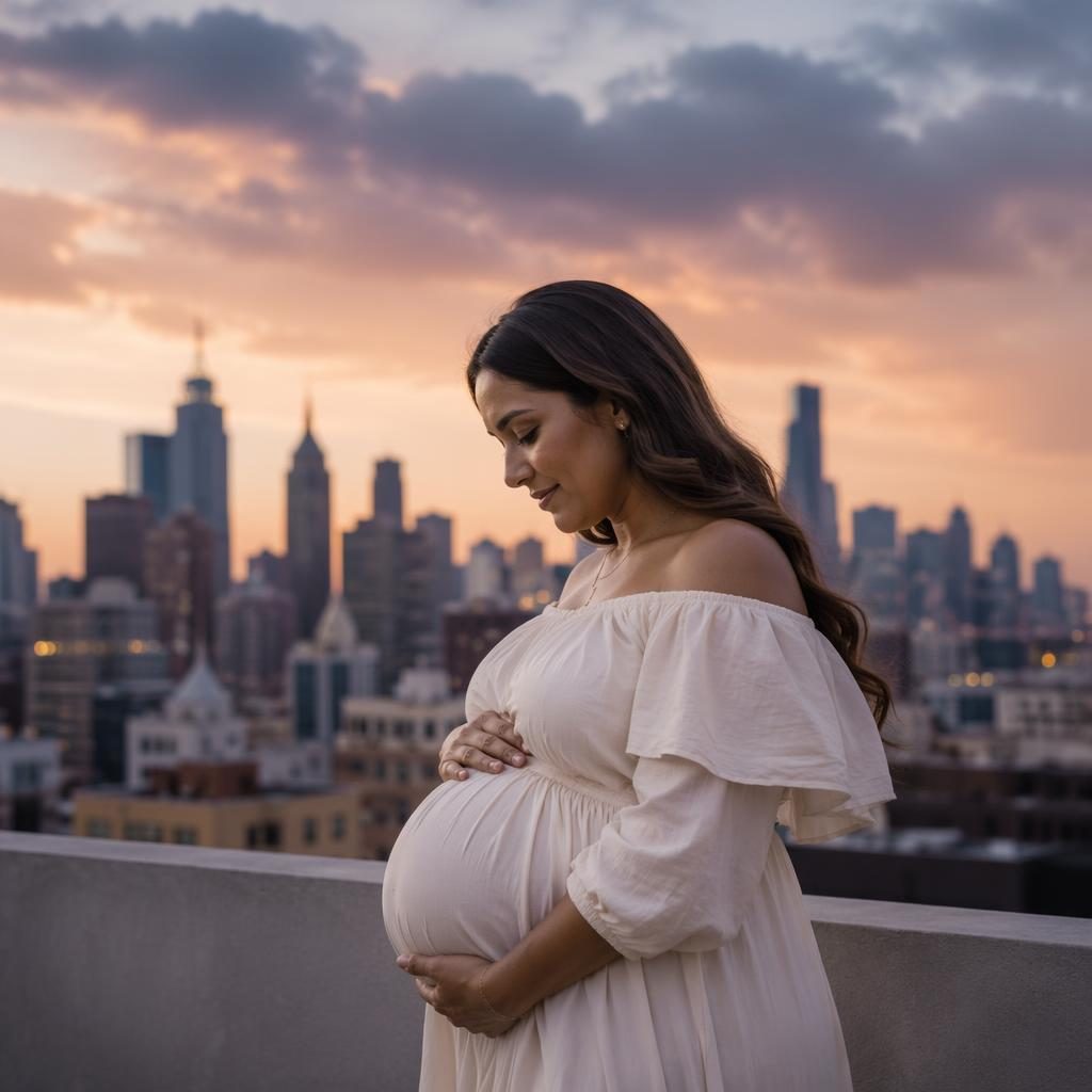 Pregnant mother in soft silhouette on a rooftop at dusk with a city skyline, pastel tones, and gentle editorial light