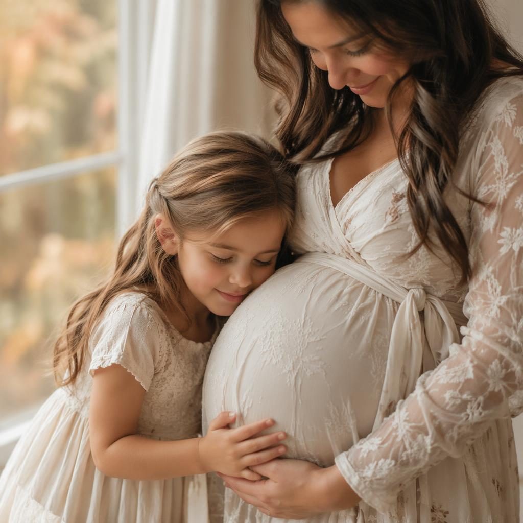 Close-up maternity belly detail with daughter beside mother, soft window light, autumn leaves, pastel editorial styling