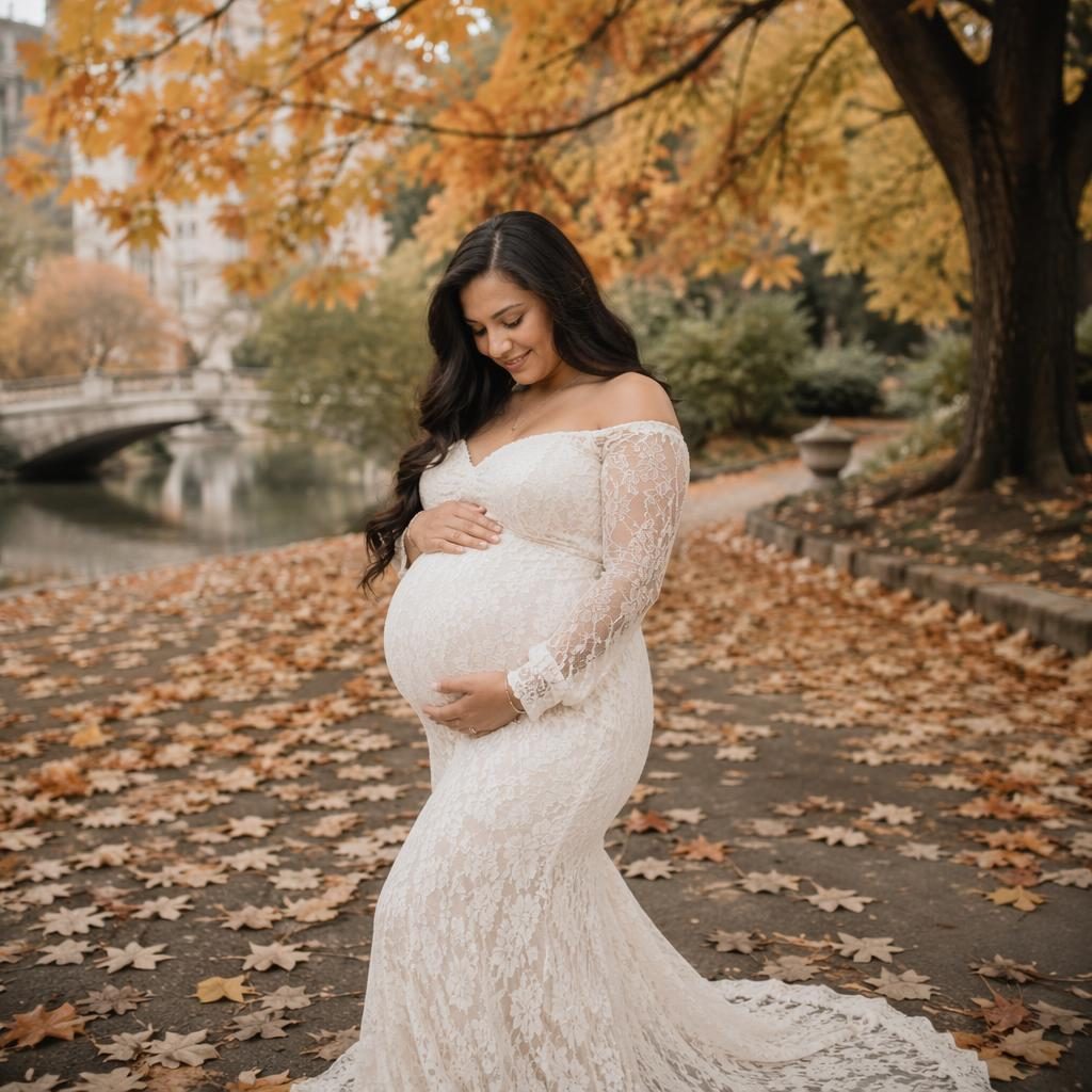 Pregnant mother silhouette in a modern home near window light, with autumn leaves outside and a soft pastel editorial mood.