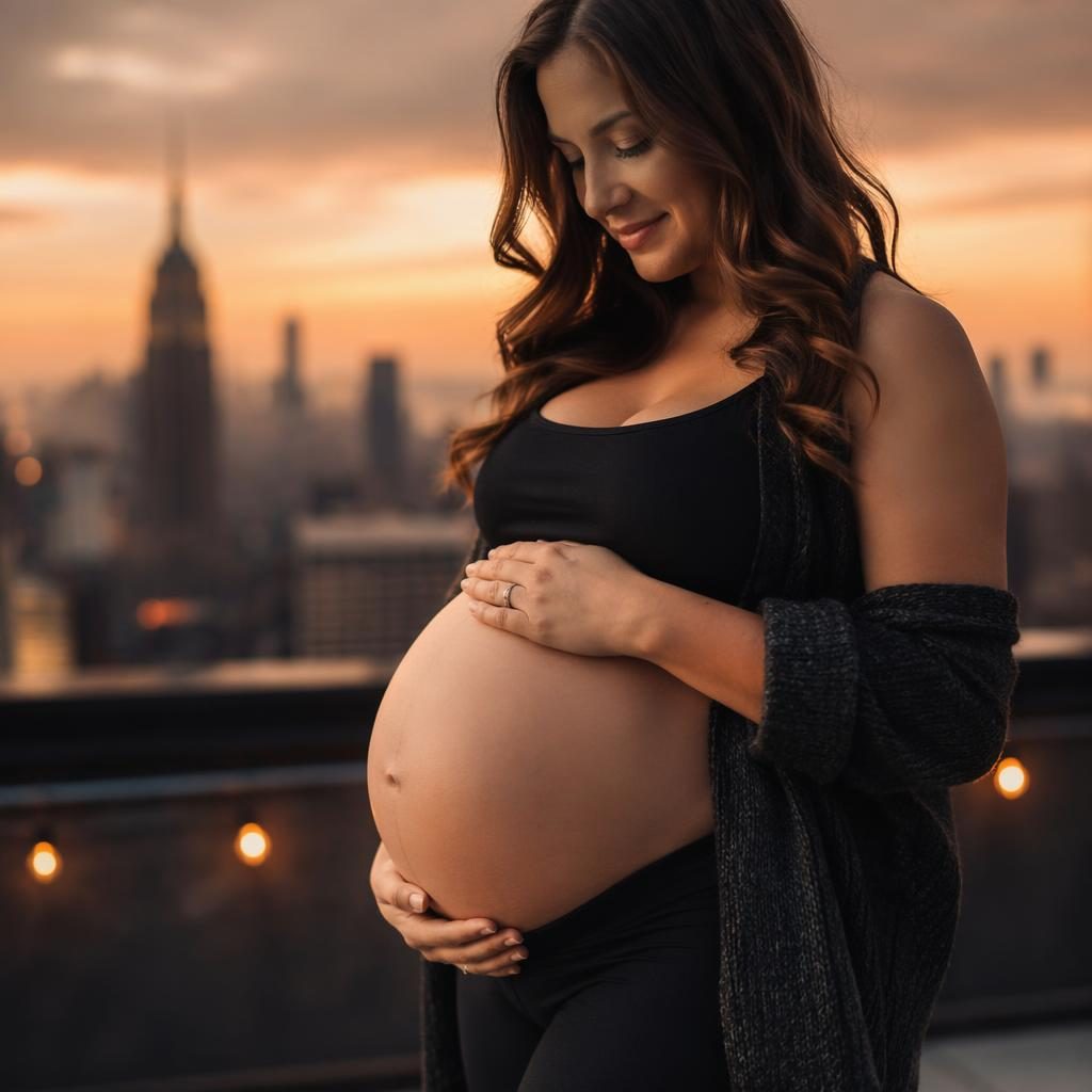 Close-up maternity belly portrait on a rooftop at dusk with autumn leaves, moody golden-hour light and city skyline.