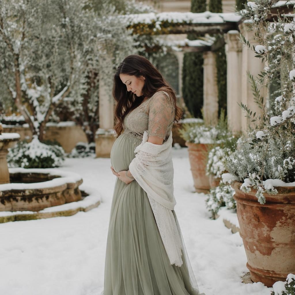 Schwangere Frau als Silhouette in fließendem Boho-Kleid in verschneitem mediterranem Garten, in Salbei und Elfenbein