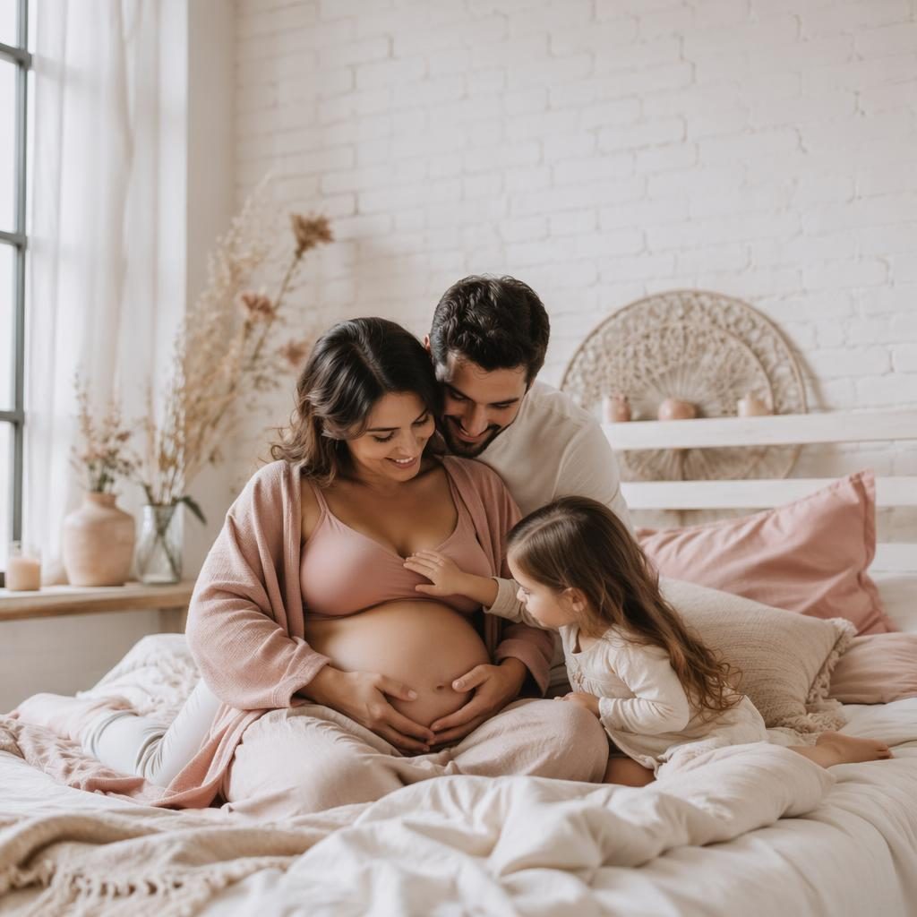 Famille au complet posant dans une chambre loft blanche minimaliste, tons crème et rose, lumière éditoriale douce.