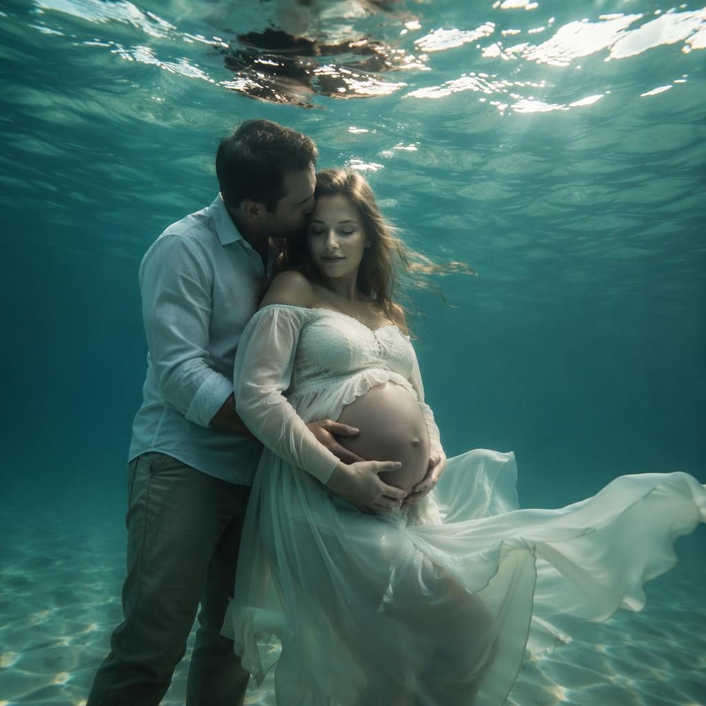 Pregnant mother with older child and husband on a sunset beach, wearing flowy sage and ivory bohemian clothing