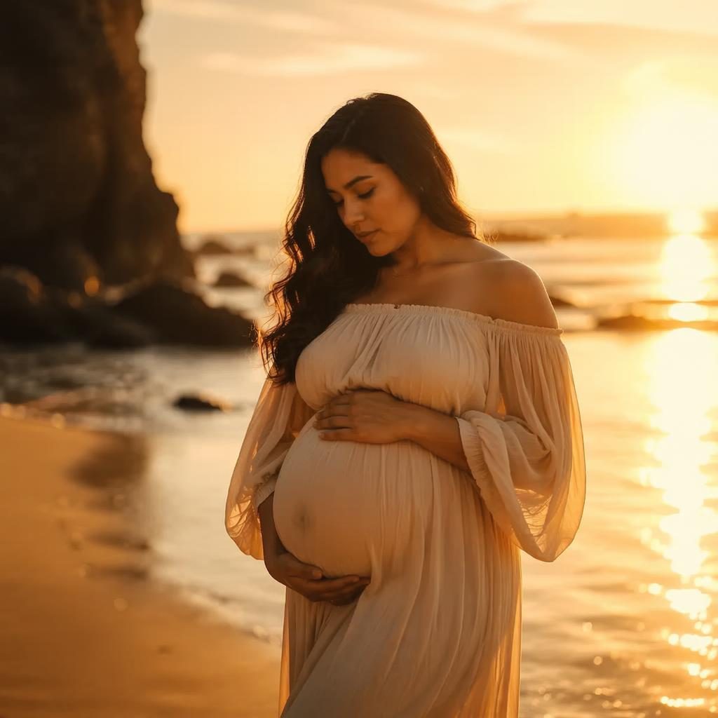 Silhouette of a pregnant mother alone in a modern beach home, lit by golden hour with dark, moody editorial tones.