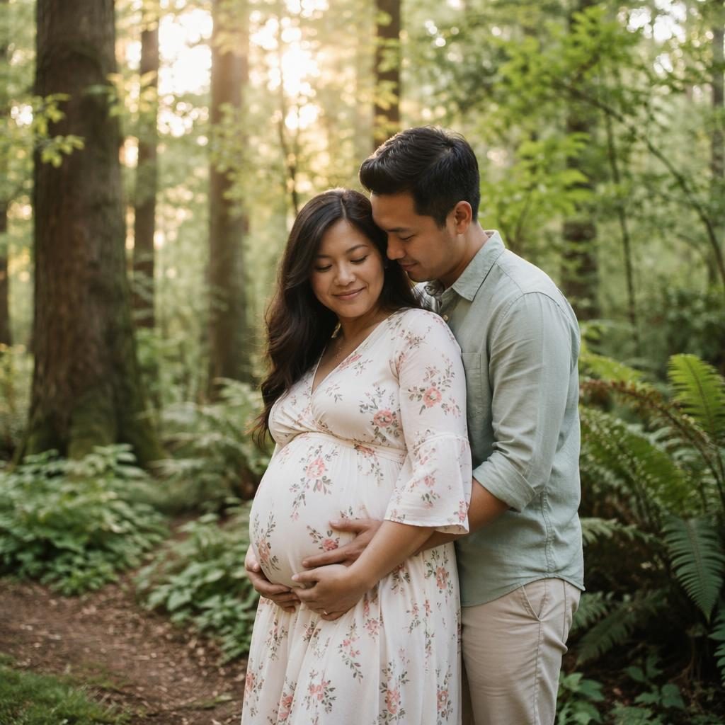 Pregnant mother and her husband standing in a lush botanical forest, softly lit in a pastel editorial maternity portrait.
