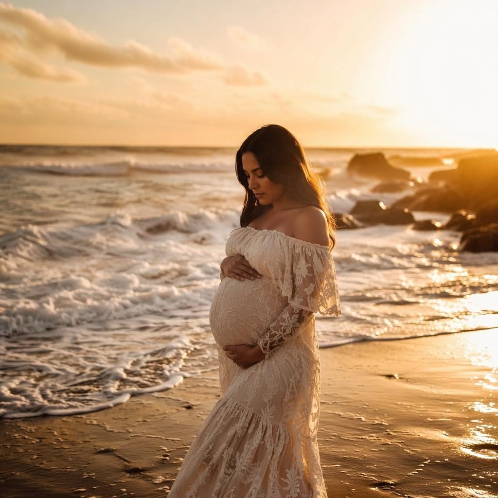 Silhouette of a pregnant mother standing alone at a beach during golden hour with a dark, moody editorial look.