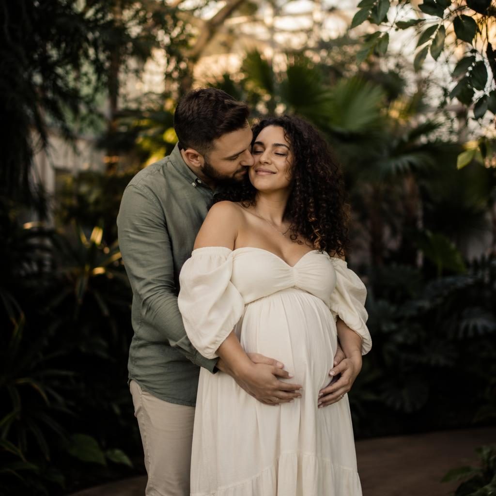 Femme enceinte avec son partenaire dans un jardin botanique, lumière dorée, ambiance éditoriale sombre et naturelle.