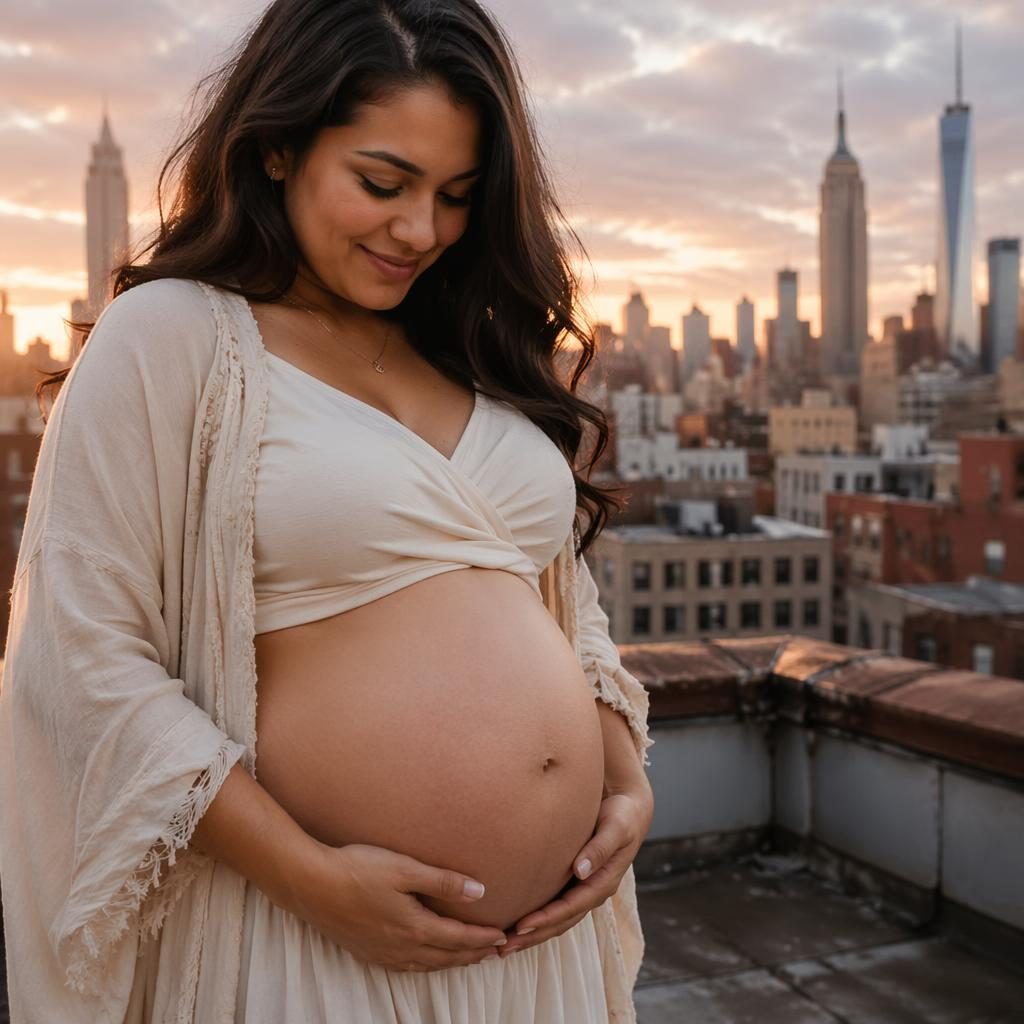 Close-up maternity belly portrait on a rooftop at dusk, with a flowing sage and ivory bohemian dress and city skyline.