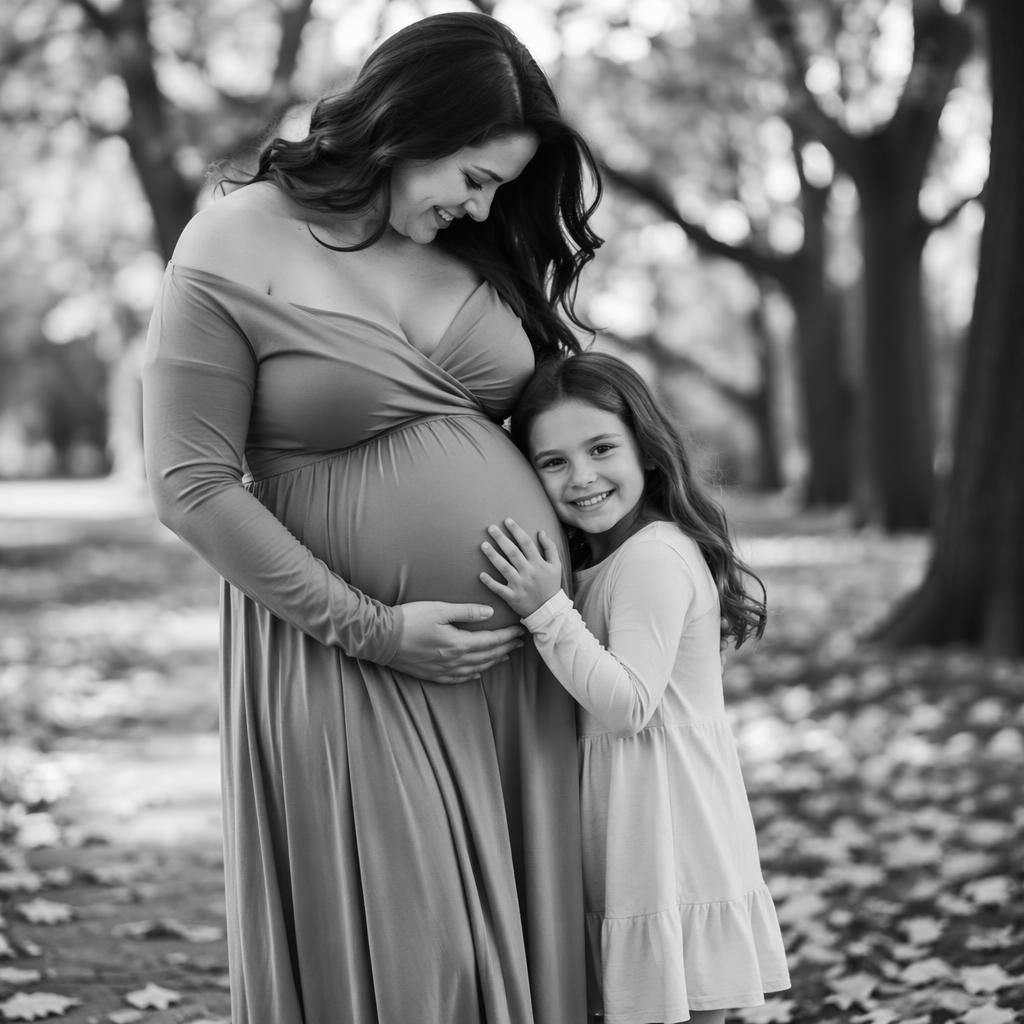 Black-and-white editorial maternity portrait of a mother with an older child in a cozy bedroom, with soft magazine lighting.