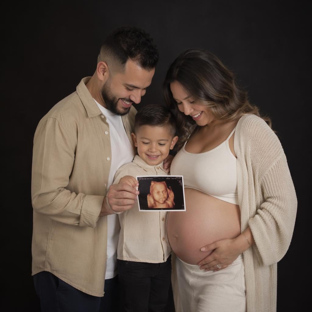 Familia completa en retrato maternal editorial con tonos salvia y marfil, fondo negro de estudio e iluminación suave.