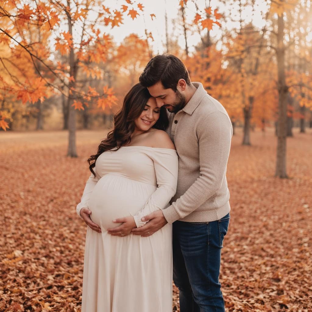 Mujer embarazada con su pareja posando en un parque con hojas de otoño, luz suave editorial y tonos pastel.