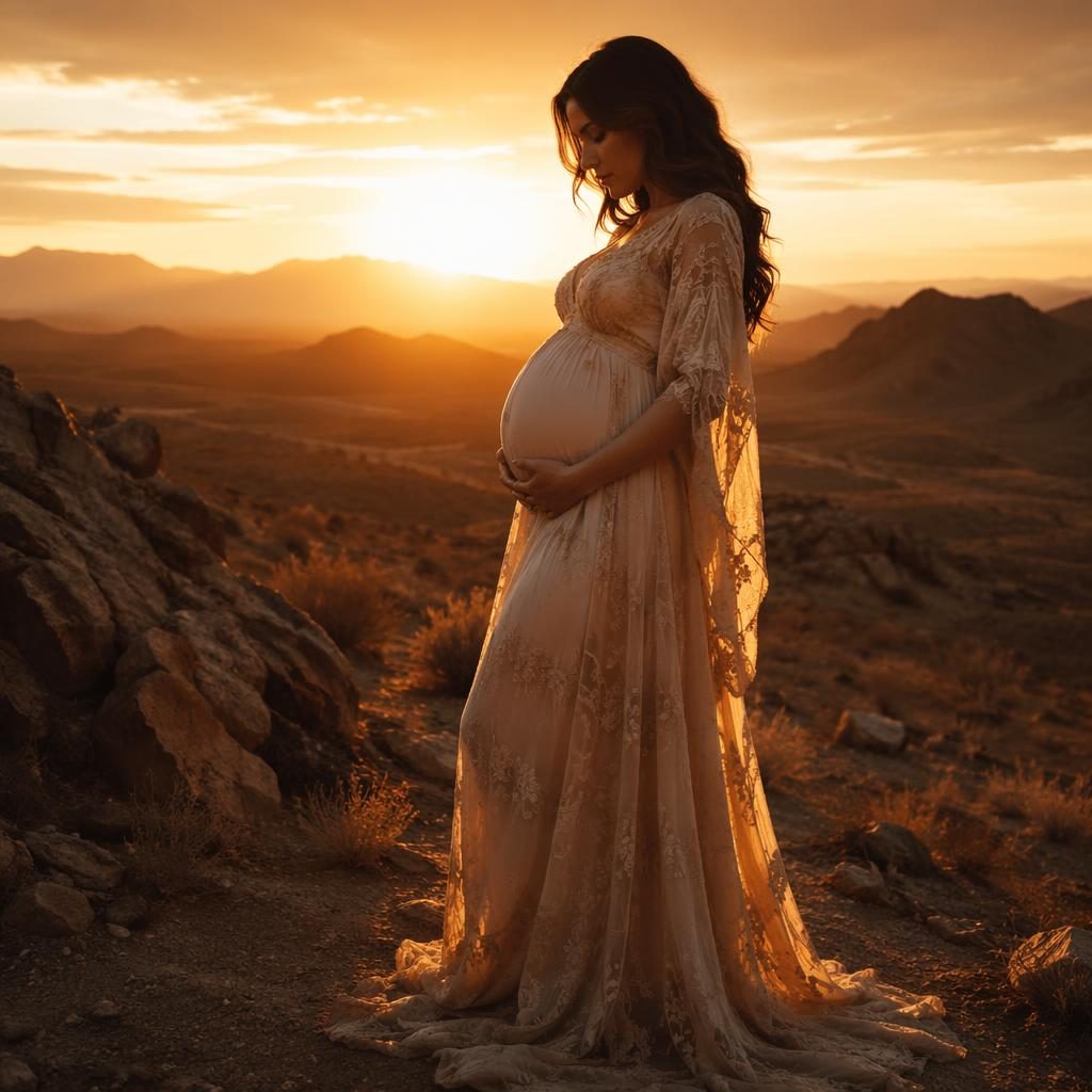 Schwangere Frau als Silhouette im Studio mit weichem Licht und Wüsten-Sonnenuntergang in dunkler Goldpalette.