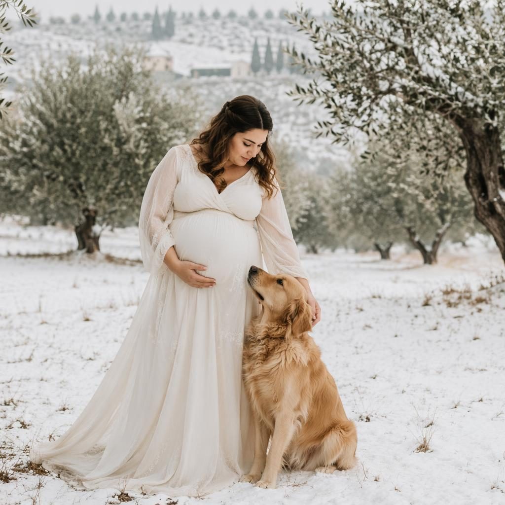 Femme enceinte avec son animal dans une scène hivernale enneigée, robe bohème fluide tons sauge et ivoire.