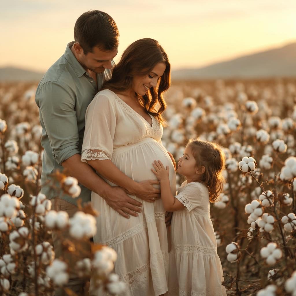 Famille entière posant dans un champ de coton au lever du soleil, style bohème fluide, tons sauge et ivoire.