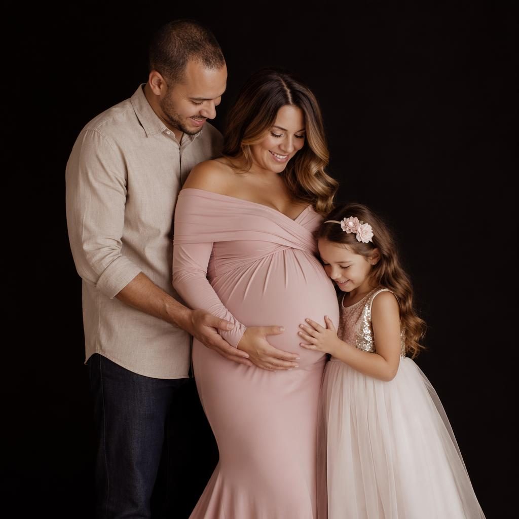 Full family maternity portrait in a studio with a black backdrop, warm cream and rose tones, soft editorial lighting.