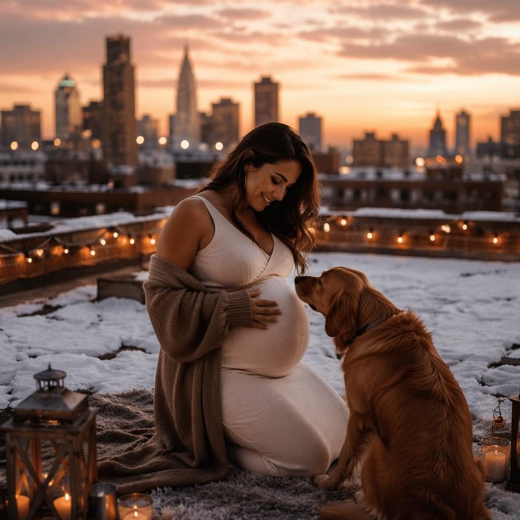 Mujer embarazada con su mascota en una azotea nevada al atardecer, con skyline urbano y luz editorial cálida.