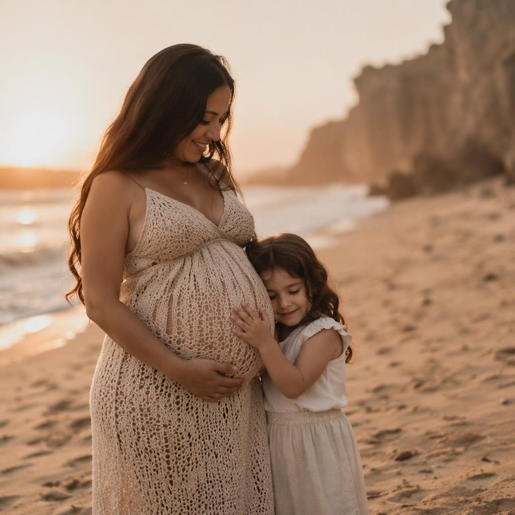 Madre embarazada con su hijo mayor en la playa al atardecer, luz dorada, tonos tierra suaves y estilo editorial