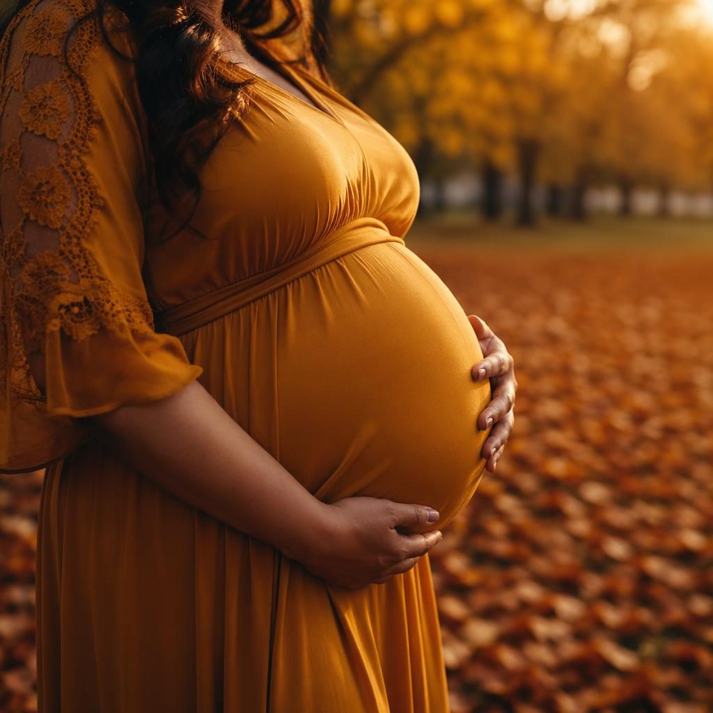Close-up maternity photo of a pregnant belly in an autumn park with fallen leaves and dark moody golden hour light.
