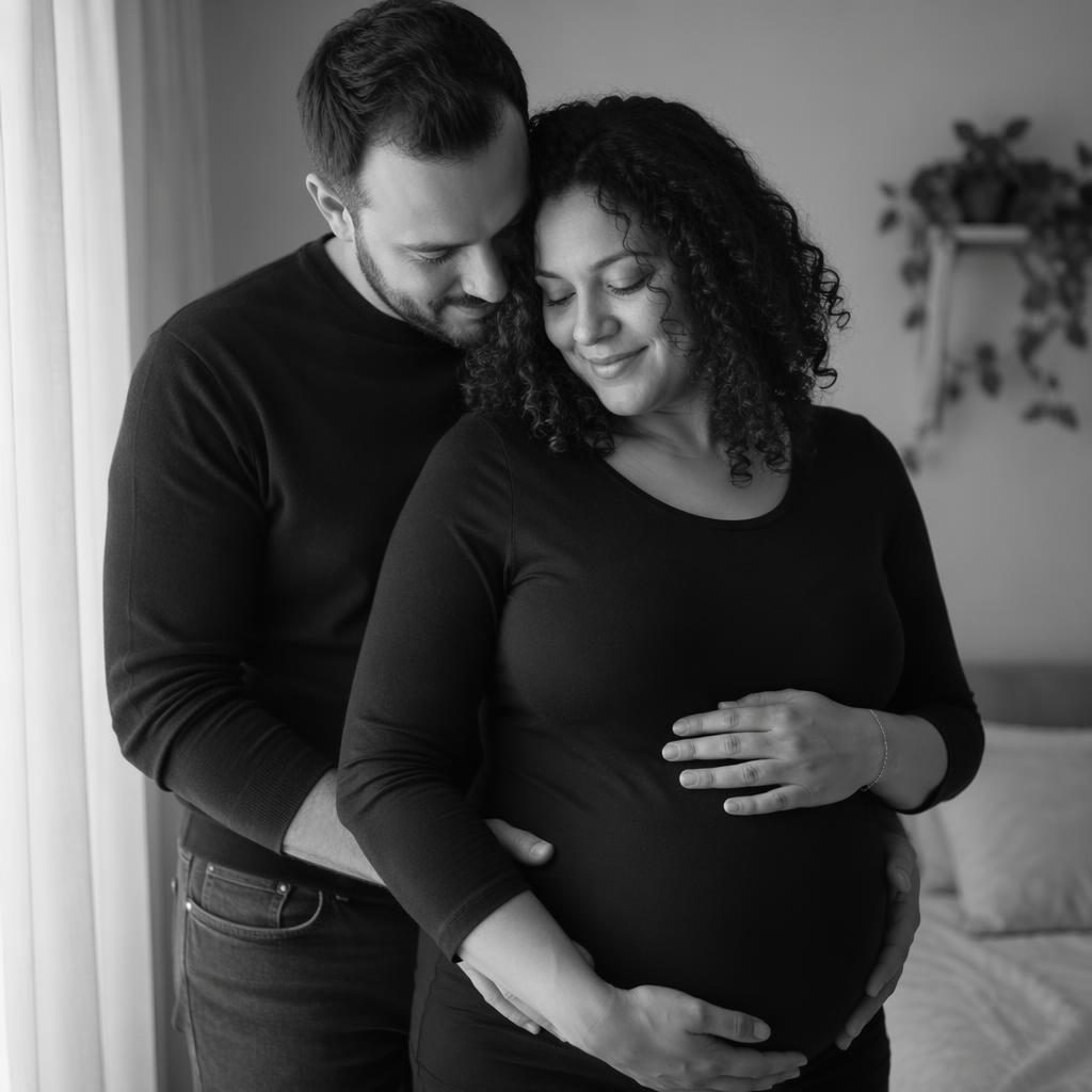 Femme enceinte avec son partenaire à la maison, lumière de fenêtre douce, feuilles d’automne, style éditorial intemporel.